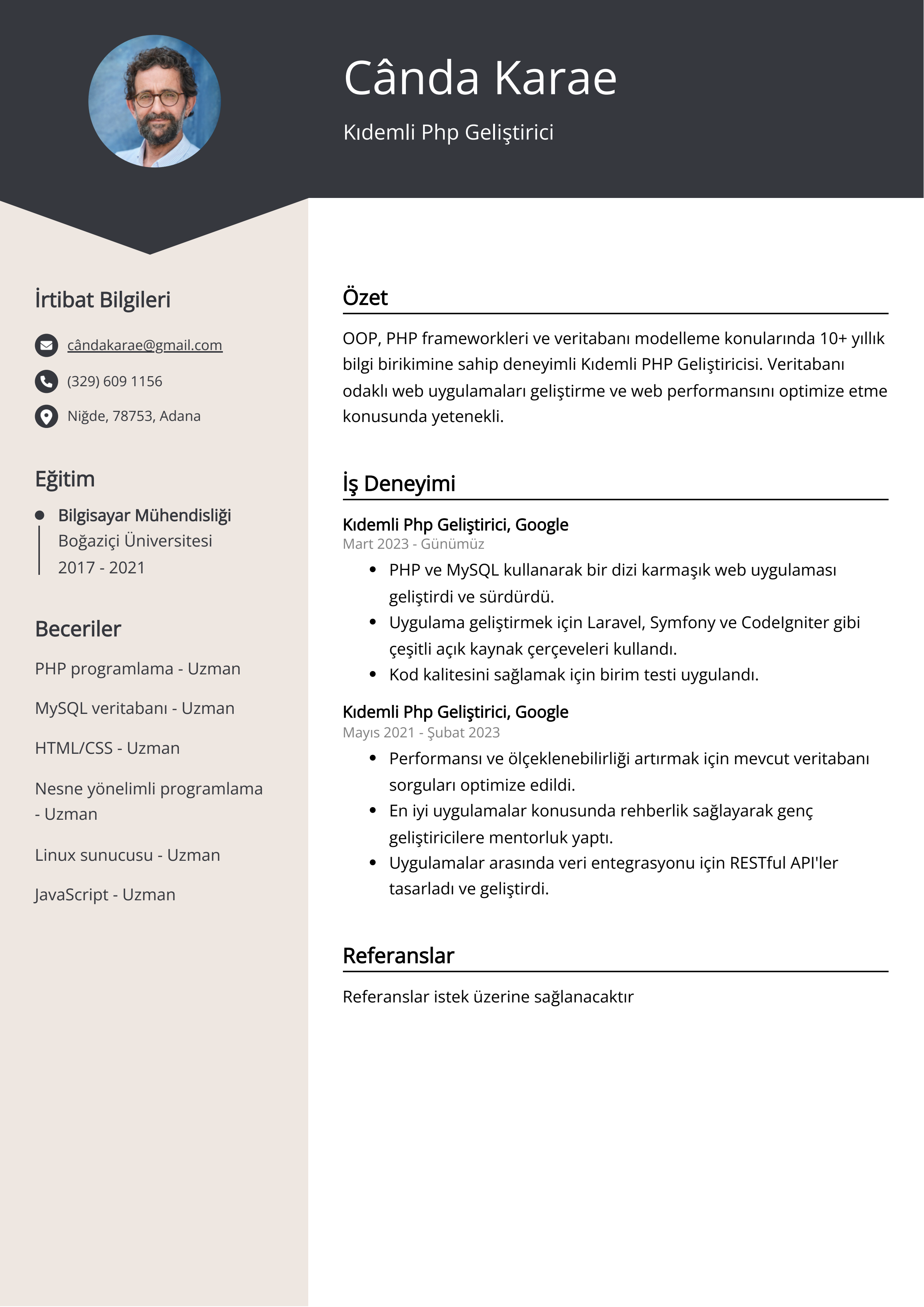 Kıdemli Php Geliştirici Özgeçmiş Örneği